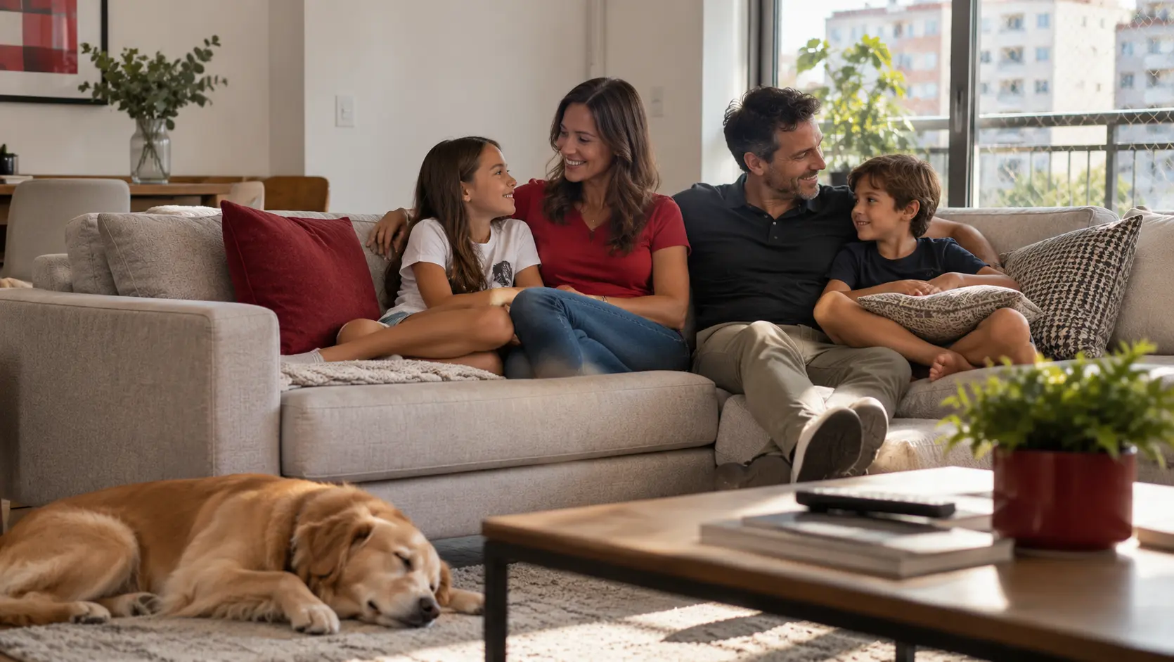 Família reunida no sofá da sala de casa
