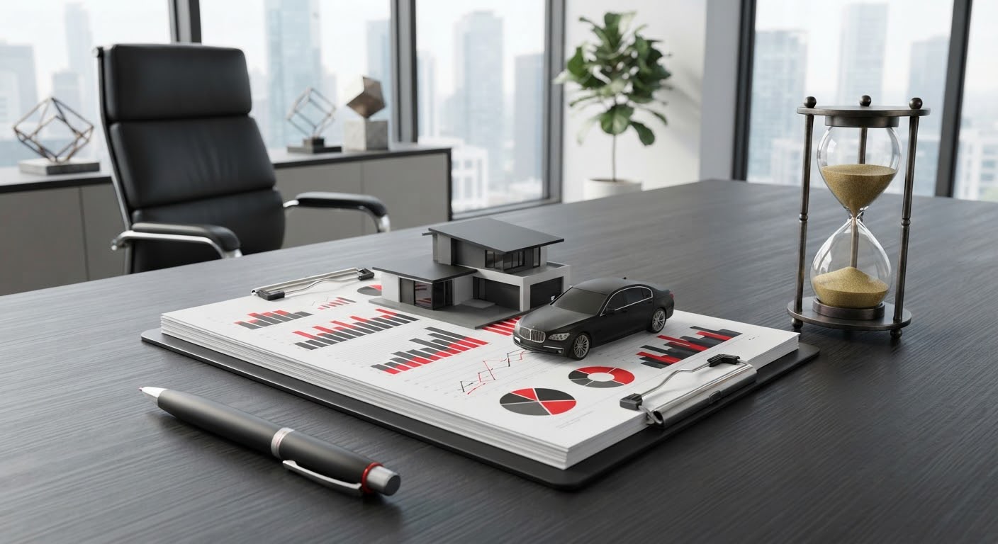 Maquete de casa e carro sobre gráficos, ao lado de uma ampulheta