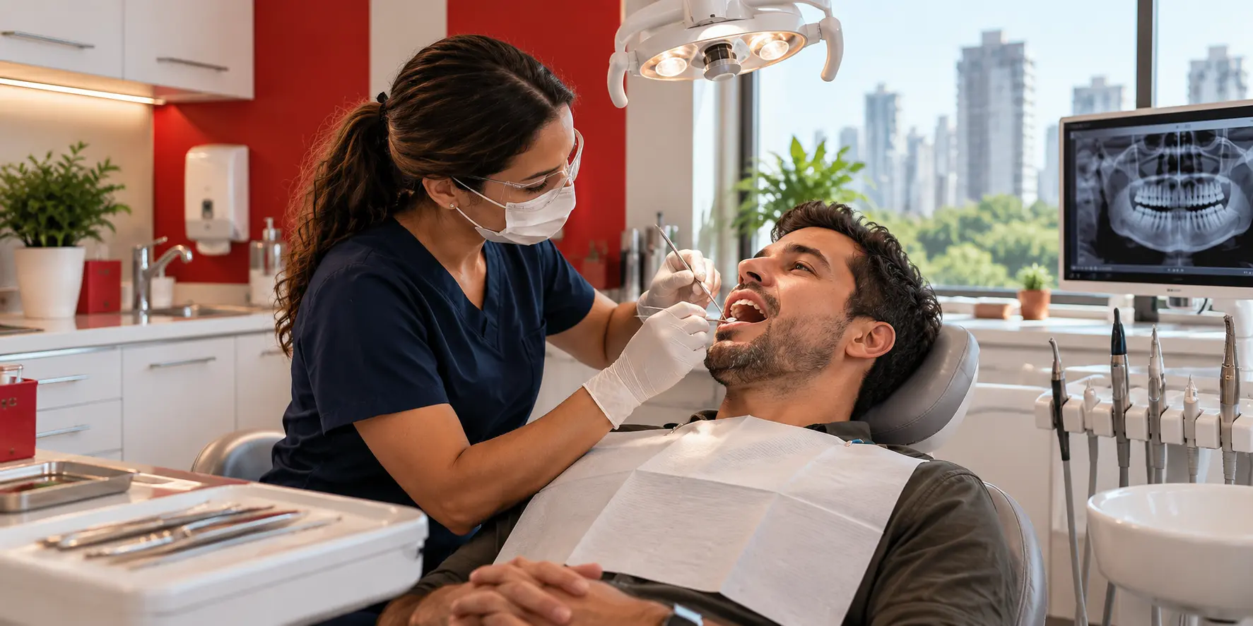 Dentista atendendo um paciente em consultório odontológico