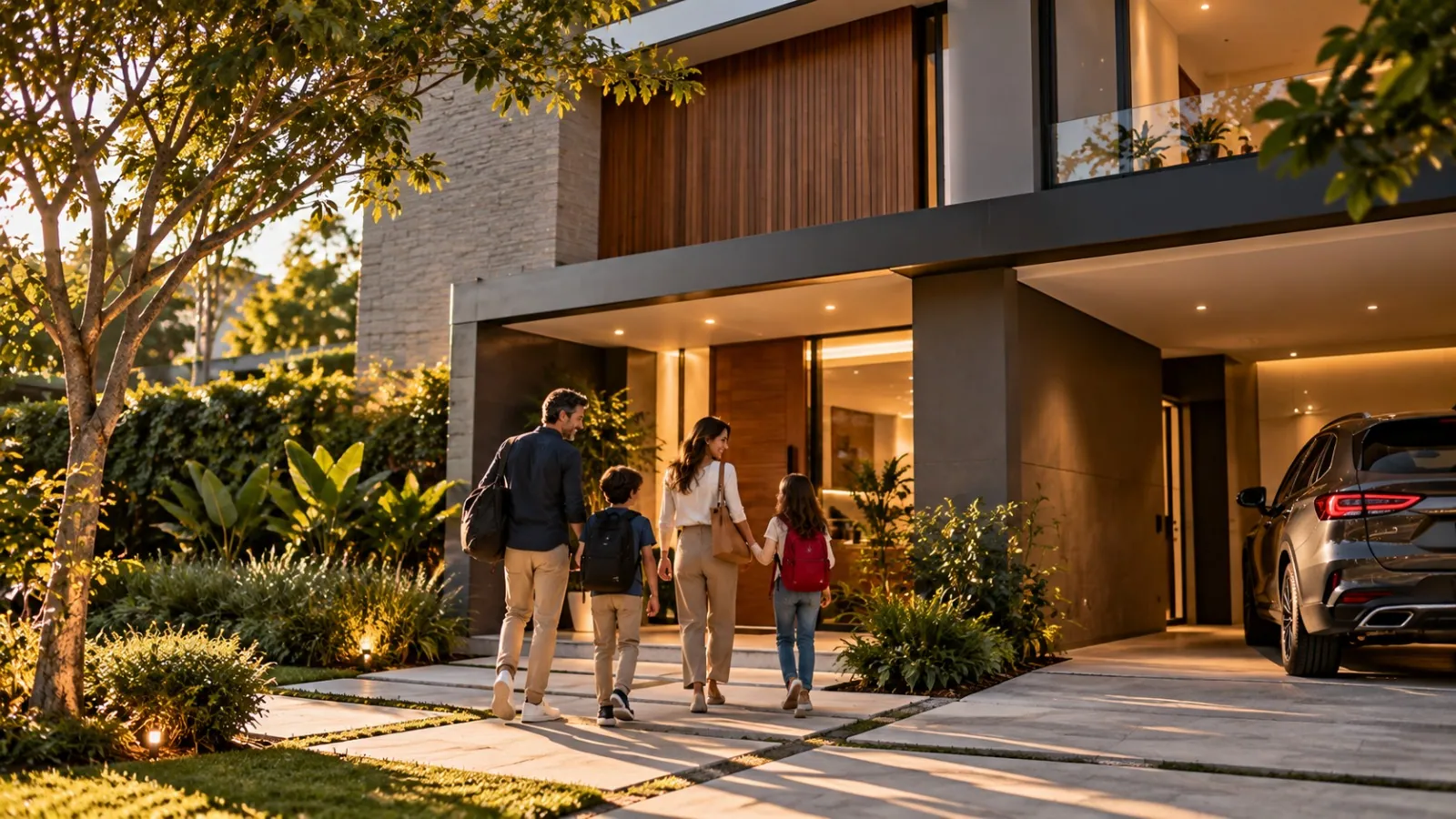 Família caminhando em direção à porta de casa no fim da tarde